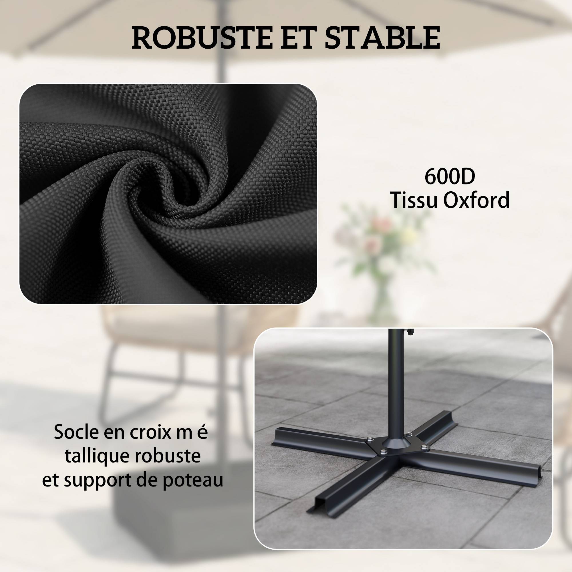 Pied de parasol avec housse en plastique, métal et tissu Oxford noir 78 x 78 x 40 cm - PANGIVO - Image 8