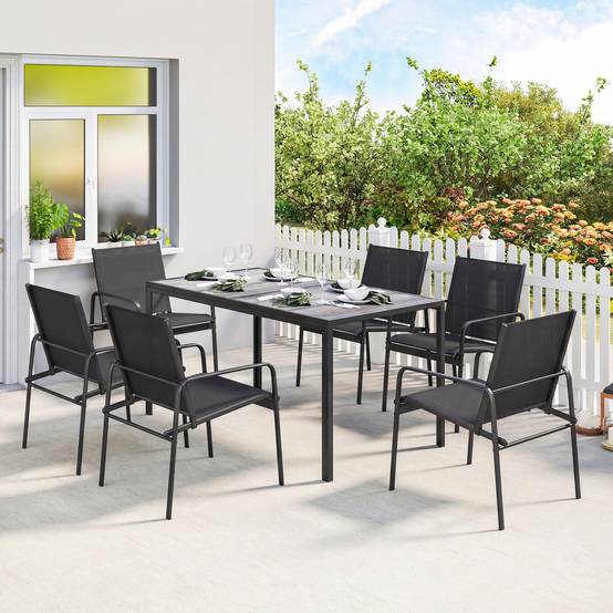 Outsunny - Salon de jardin 7 pièces 6 personnes - table effet bois - acier et maille - noir - Outsunny - Image 6