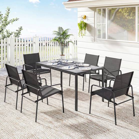 Outsunny - Salon de jardin 7 pièces 6 personnes - table effet bois - acier et maille - noir - Outsunny - Image 2