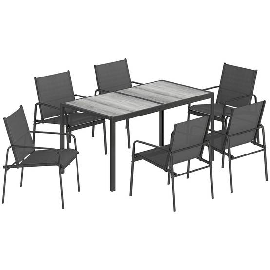 Outsunny - Salon de jardin 7 pièces 6 personnes - table effet bois - acier et maille - noir - Outsunny - Image 1