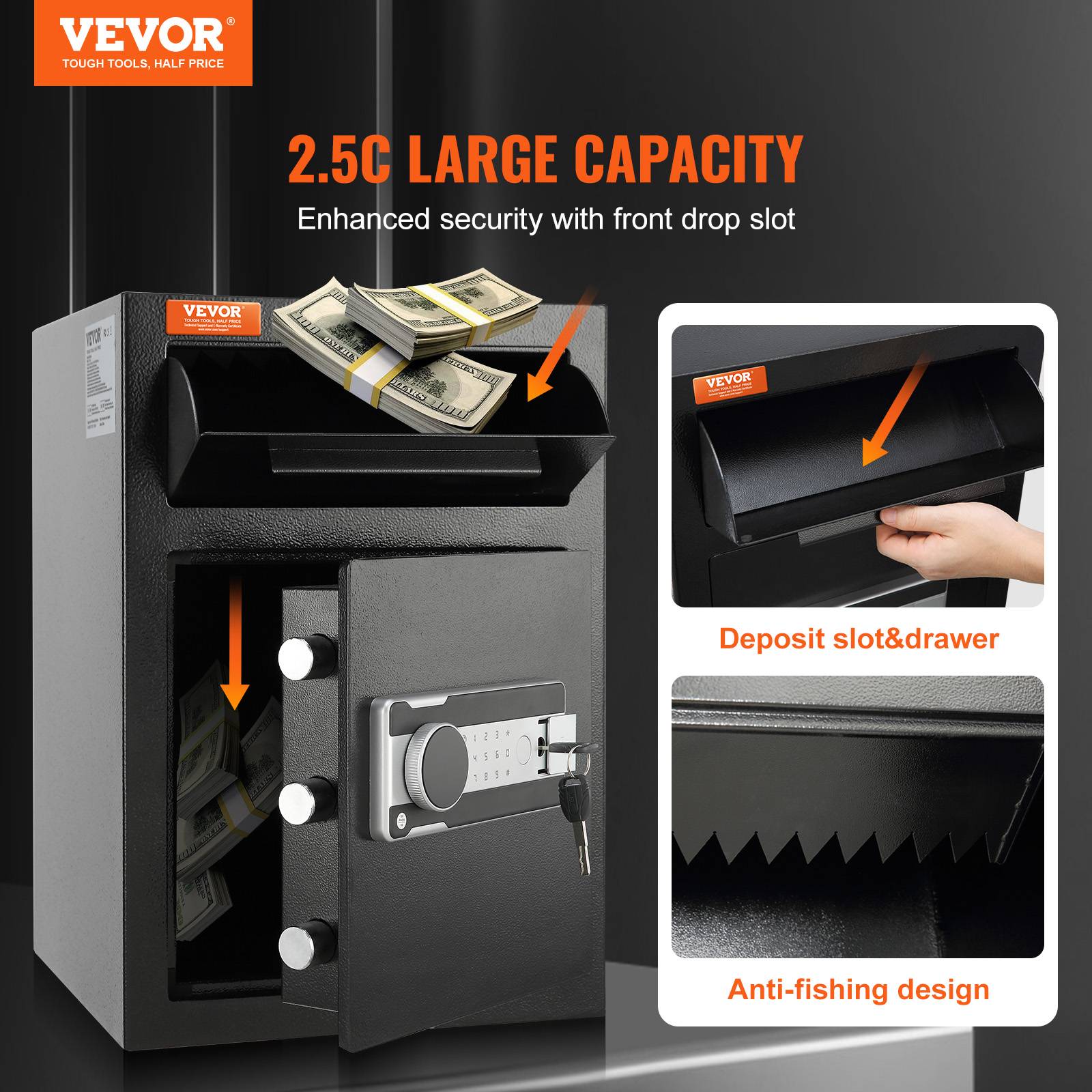 VEVOR 2,5C Coffre-Fort Électronique Coffre Dépôt de Fonds à Trappe Code et Clés - Image 2