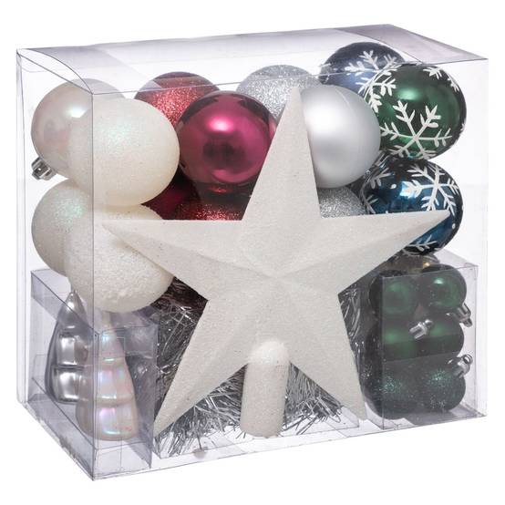 Sans Marque - Kit Décoration pour sapin de Noël - 44 Pièces - Blanc, vert, bleu et argent