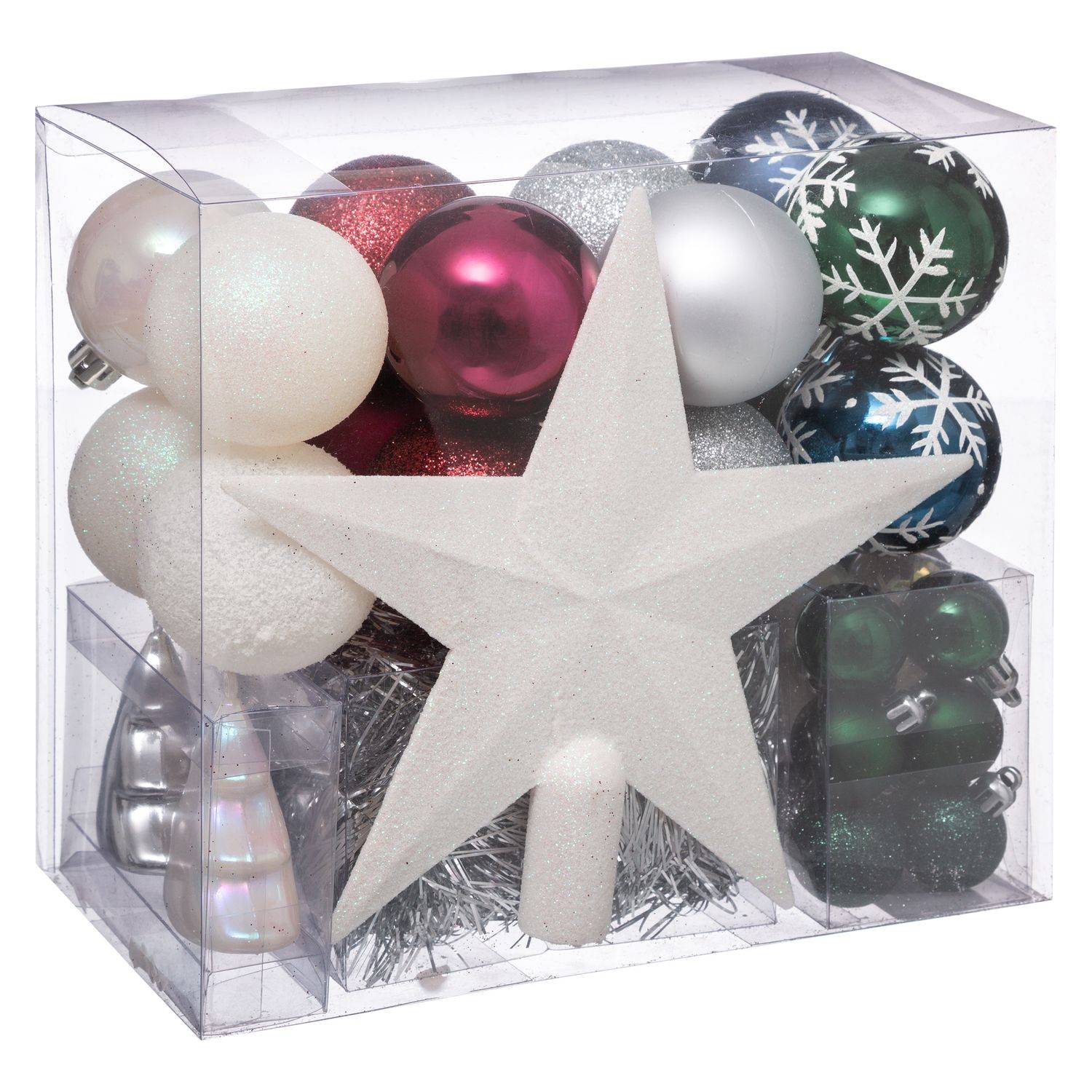 Sans Marque - Kit Décoration pour sapin de Noël - 44 Pièces - Blanc, vert, bleu et argent