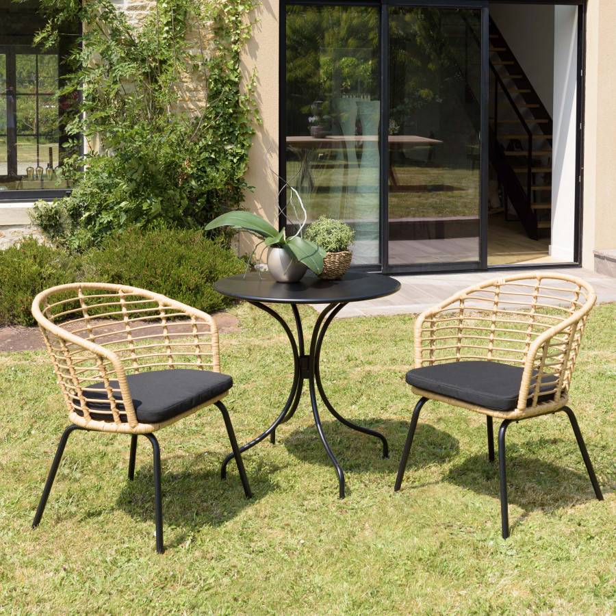 Macabane - MALO - SALON DE JARDIN 2 PERS. - Table ronde 70x70cm et 2 fauteuils beiges et noirs - Imagen 2
