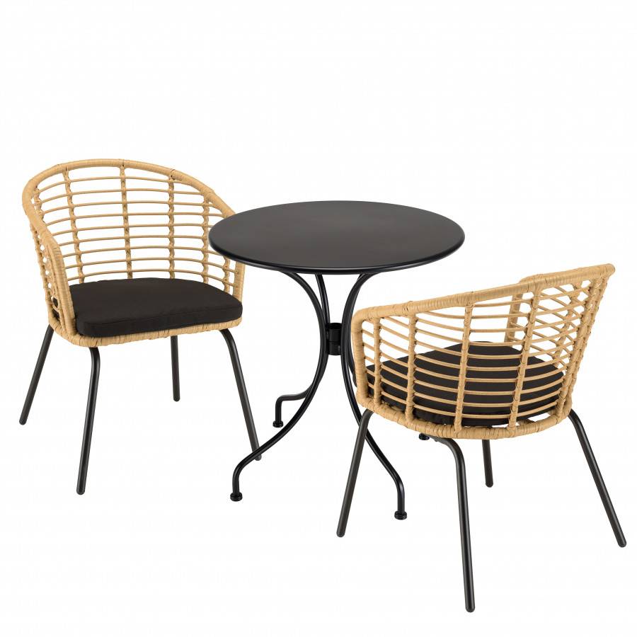 Macabane - MALO - SALON DE JARDIN 2 PERS. - Table ronde 70x70cm et 2 fauteuils beiges et noirs - Imagen 1