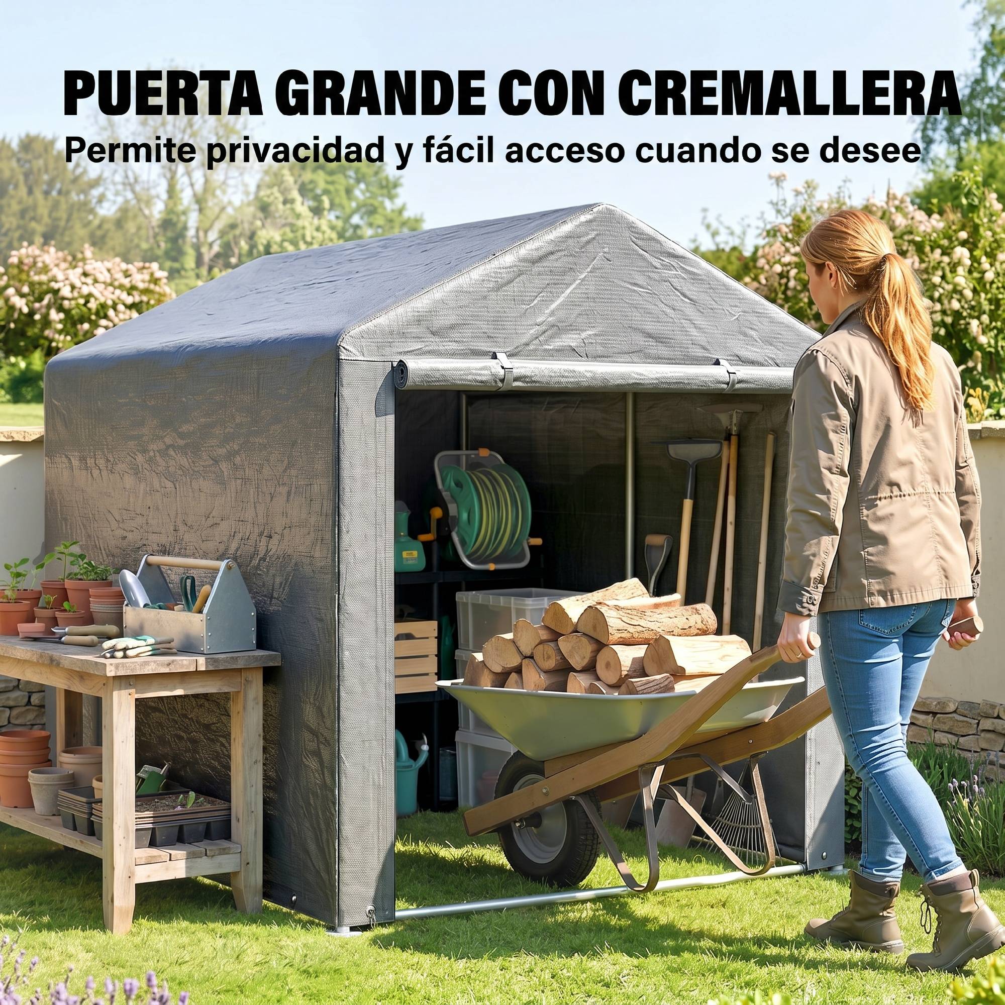 Abri de jardin pour vélos 1,6 x 2,2 x 1,7 m, 2 compartiments, porte zippée, imperméable, anti-UV, gris clair - Image 8