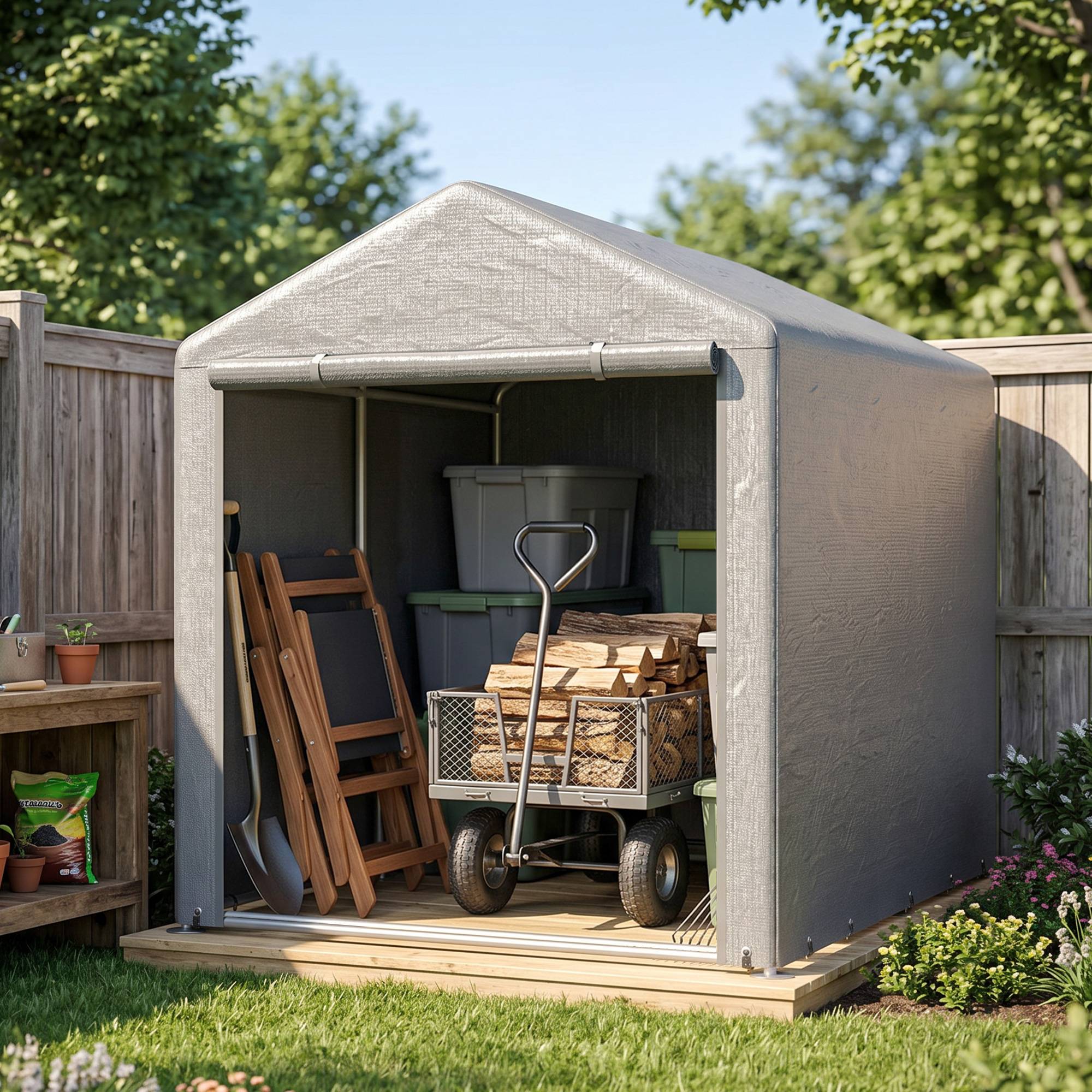 Abri de jardin pour vélos 1,6 x 2,2 x 1,7 m, 2 compartiments, porte zippée, imperméable, anti-UV, gris clair - Image 10