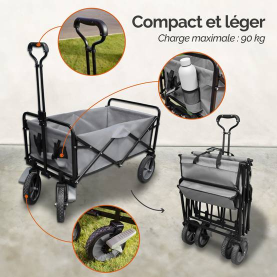 Chariot de transport, remorque de jardin pliable à roulettes - 90 Kg - Gris - Linxor - Image 3
