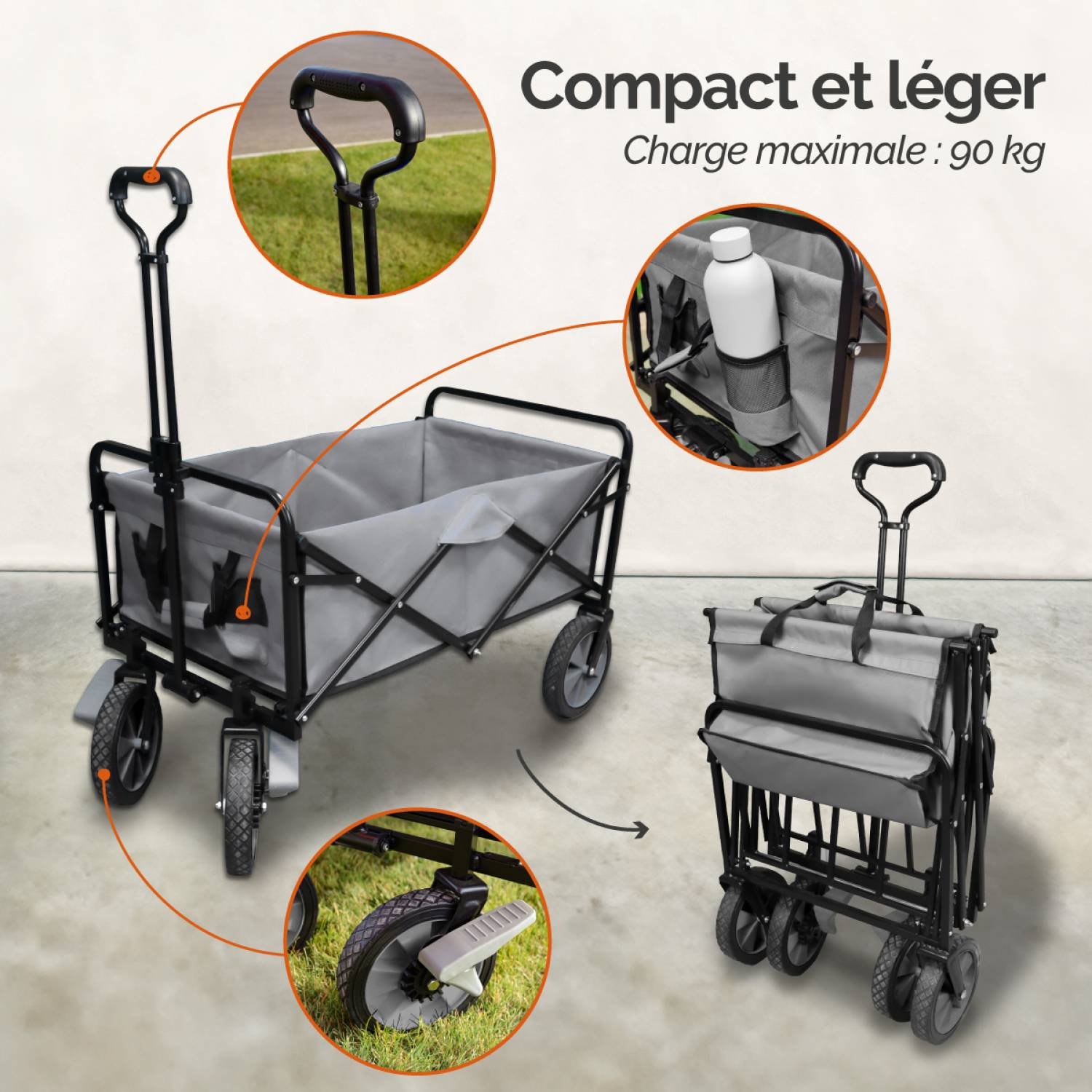 Chariot de transport, remorque de jardin pliable à roulettes - 90 Kg - Gris - Linxor - Image 3