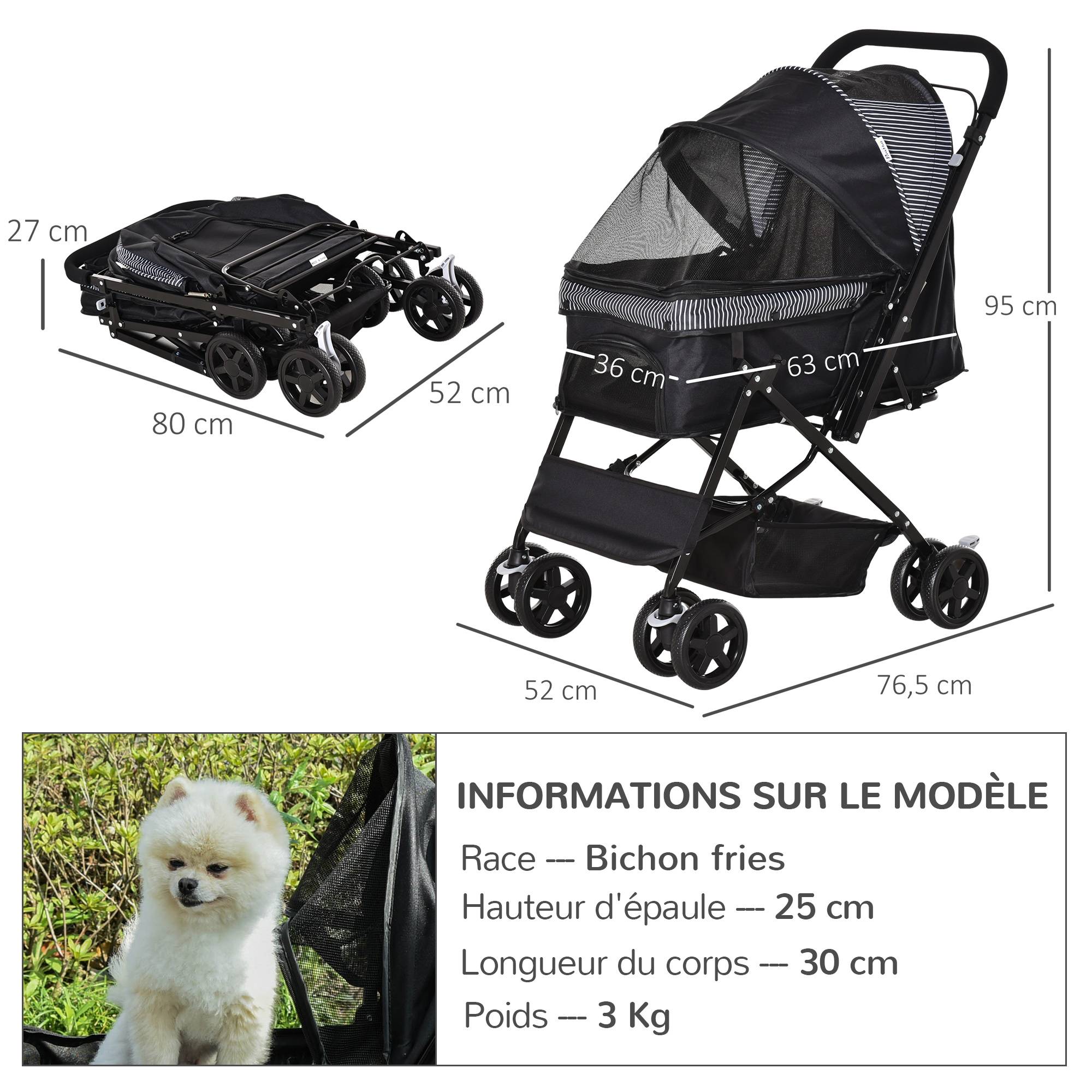 Poussette pour chien animaux de compagnie pliable 4 roues EVA guidon réglable panier 76,5 x 52 x 95 cm - Image 5