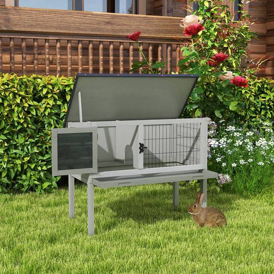 Clapier sur pied lapin bois extérieur niche toit ouvrant verrou 84cm gris - ComfortXL Outdoor Living - Image 4