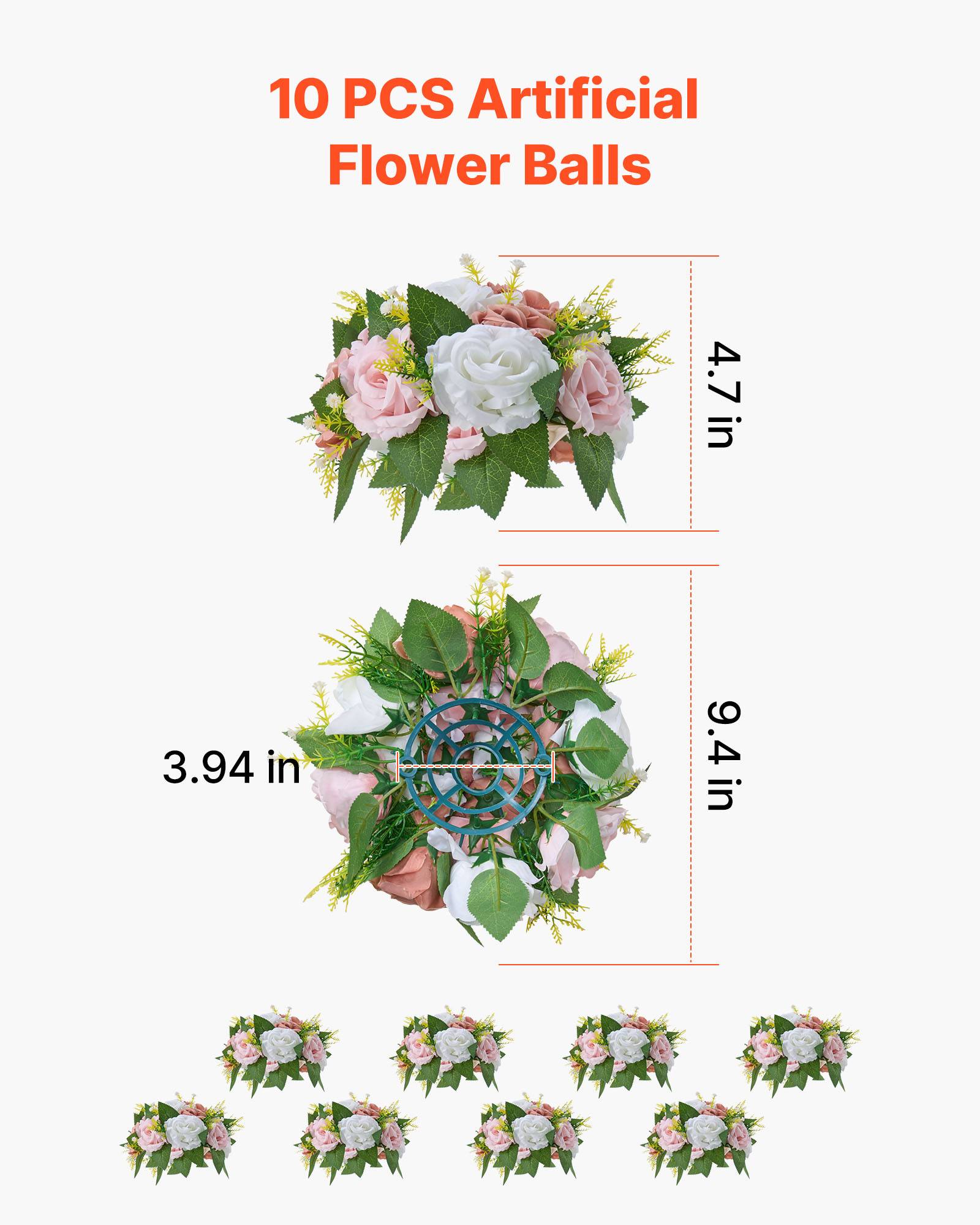 VEVOR Boules de Fleurs Artificielles Mariage 10 PCS 24 cm Roses en Rose et Blanc - Image 3