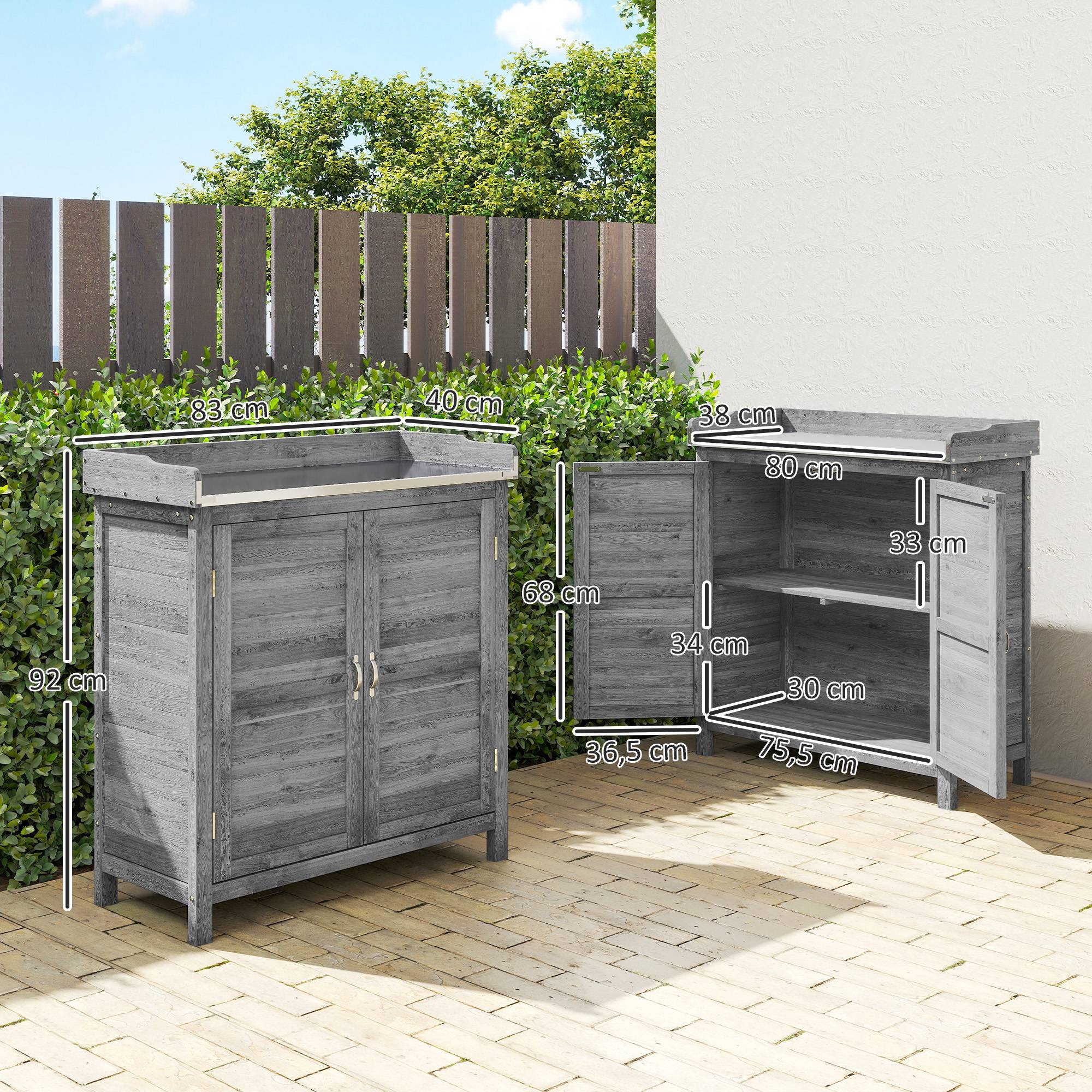 Armoire jardin avec table de culture, plan de travail galvanisé, 2 étagères, gris - Image 5