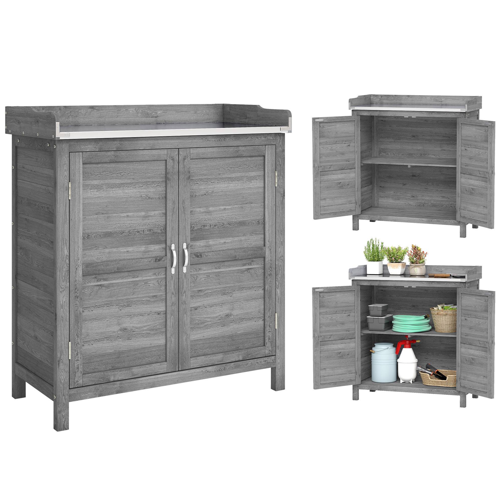 Armoire jardin avec table de culture, plan de travail galvanisé, 2 étagères, gris - Image 1