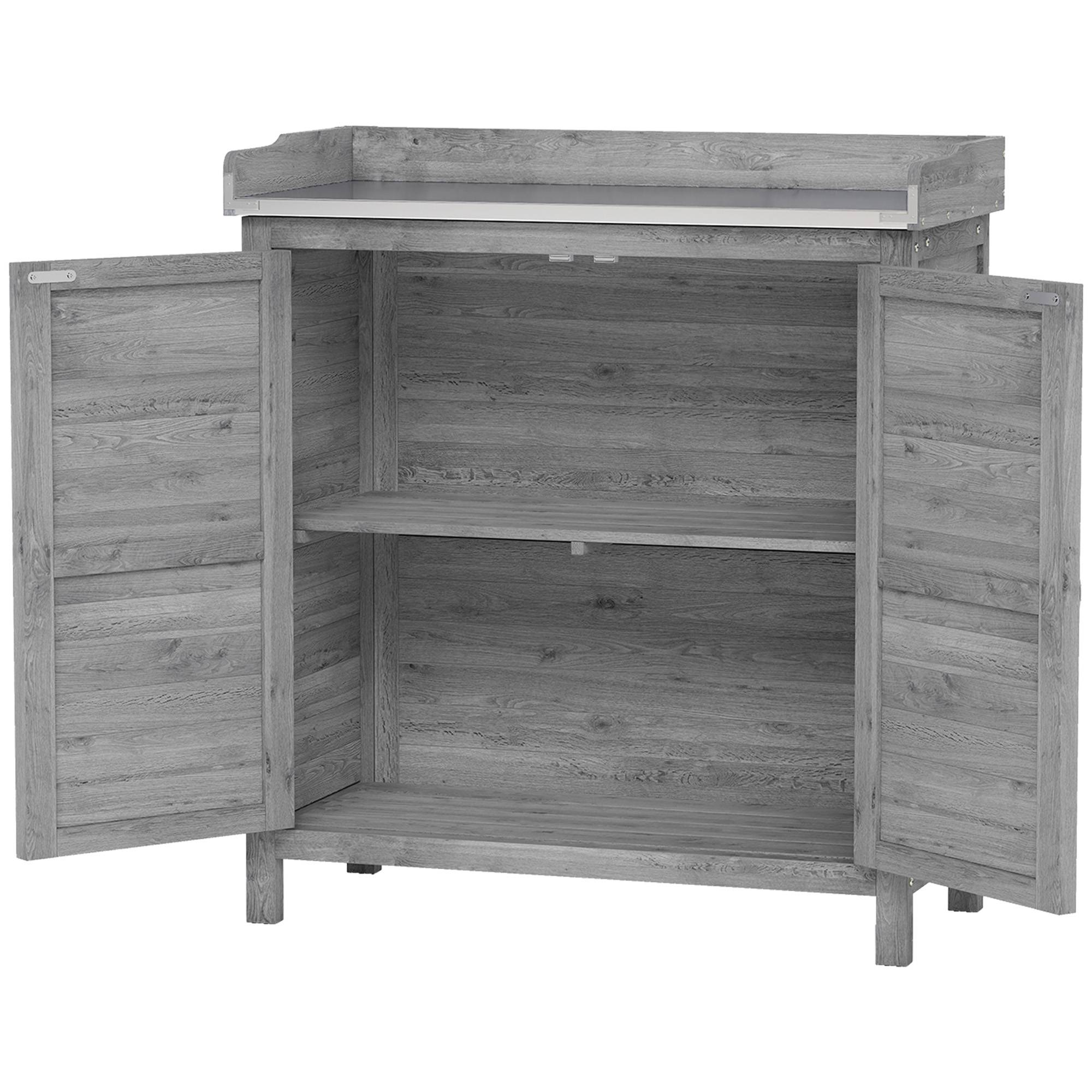 Armoire jardin avec table de culture, plan de travail galvanisé, 2 étagères, gris - Image 2
