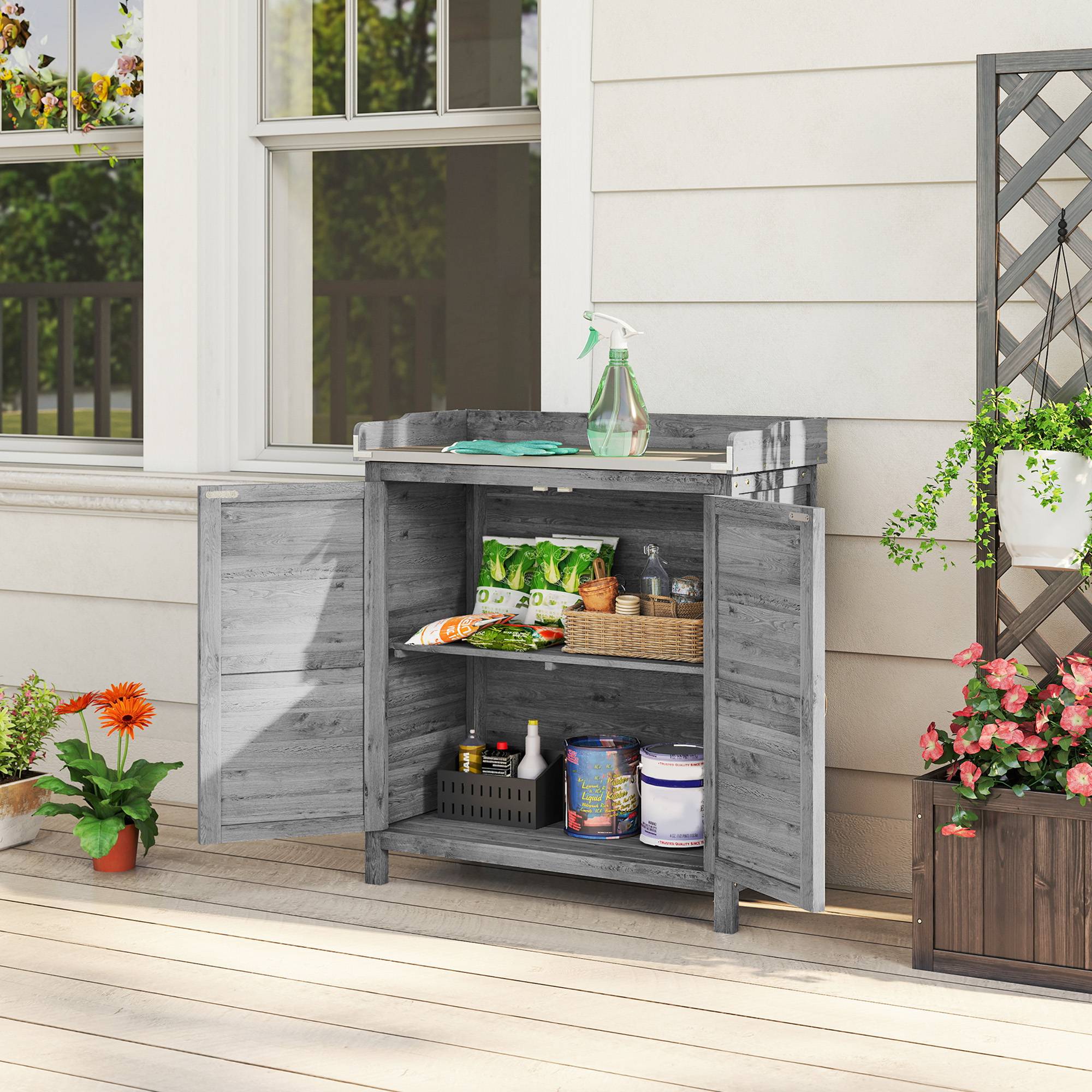 Armoire jardin avec table de culture, plan de travail galvanisé, 2 étagères, gris - Image 4