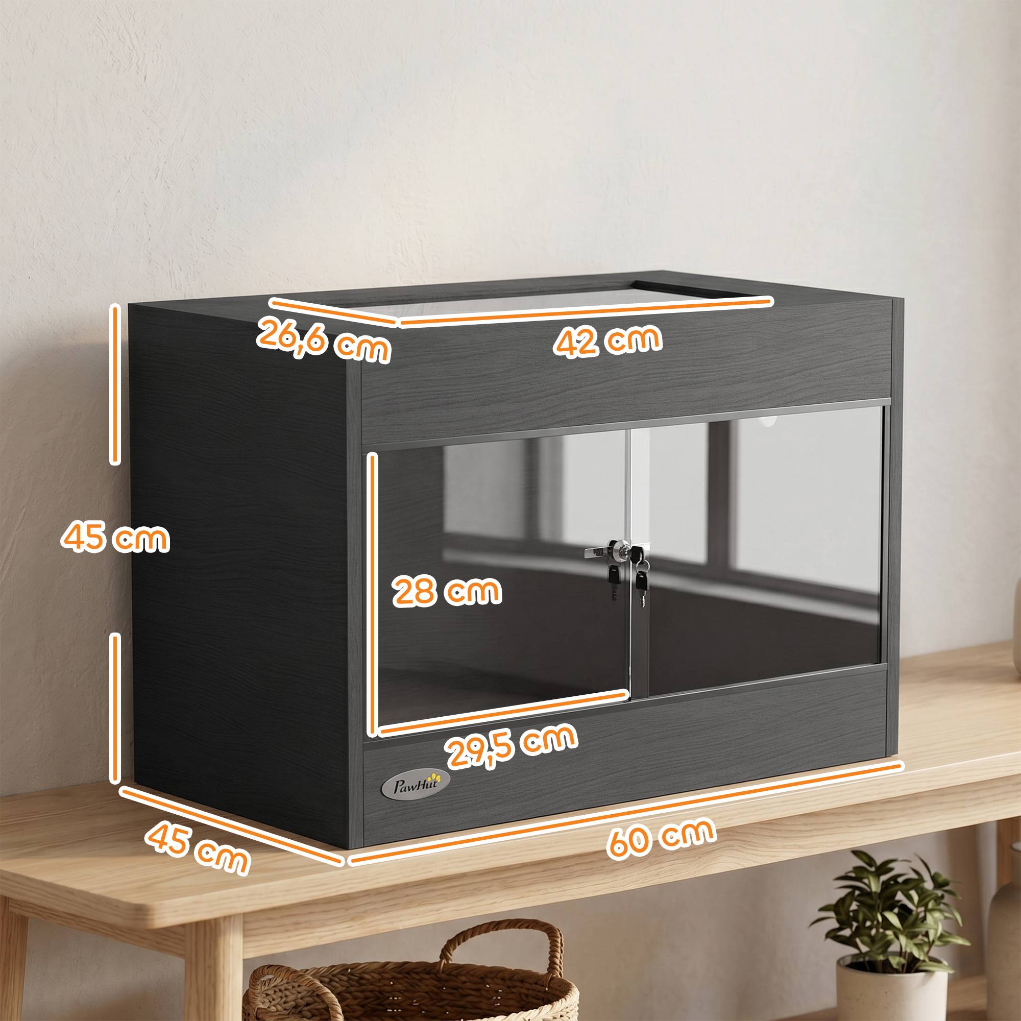 ComfortXL - Terrarium pour reptiles en bois OSB mélaminé 60 x 45 x 45 cm noir avec portes vitrées et serrure à clé - Image 3