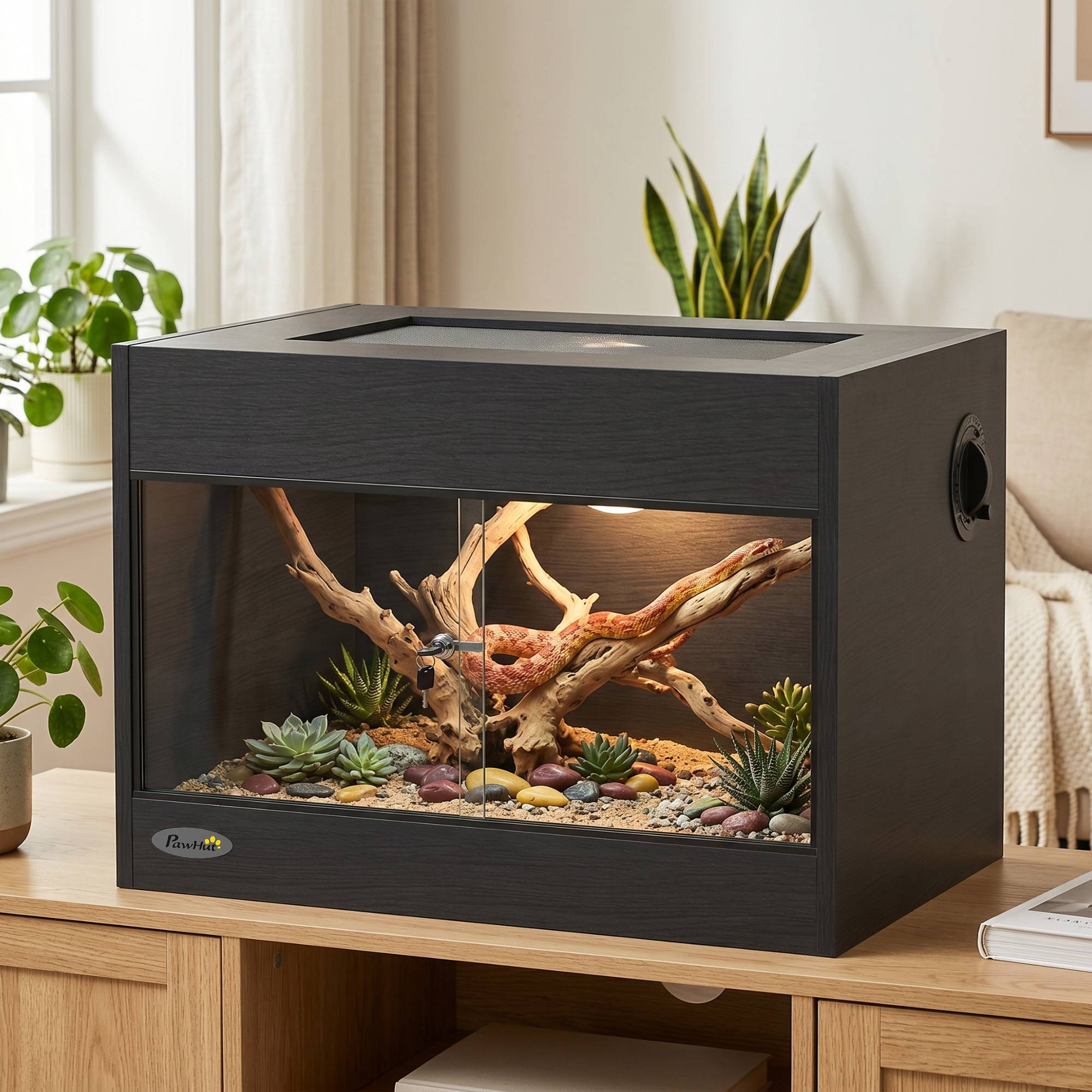 ComfortXL - Terrarium pour reptiles en bois OSB mélaminé 60 x 45 x 45 cm noir avec portes vitrées et serrure à clé - Image 8