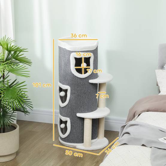 Arbre à chat de 101 cm, 3 niveaux, 3 niches, balles de jeu, griffoir, sisal, panneaux de particules, gris - Image 3