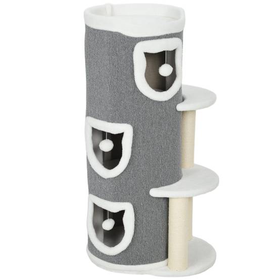 Arbre à chat de 101 cm, 3 niveaux, 3 niches, balles de jeu, griffoir, sisal, panneaux de particules, gris - Image 1