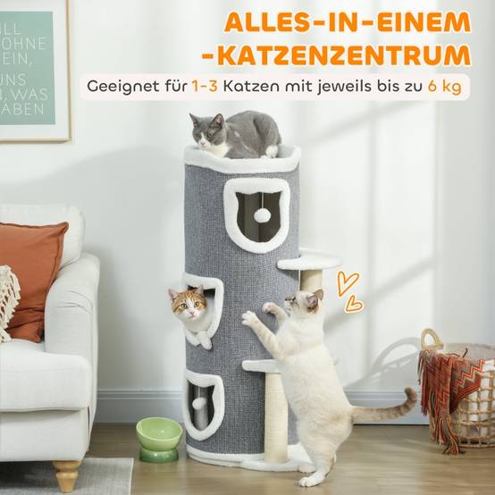 Arbre à chat de 101 cm, 3 niveaux, 3 niches, balles de jeu, griffoir, sisal, panneaux de particules, gris - Image 4