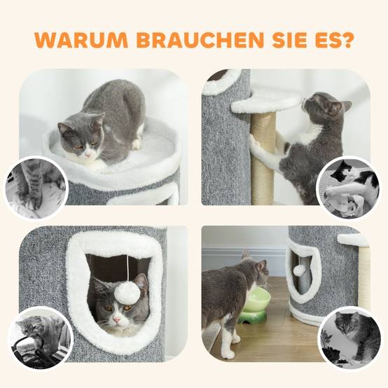 Arbre à chat de 101 cm, 3 niveaux, 3 niches, balles de jeu, griffoir, sisal, panneaux de particules, gris - Image 6