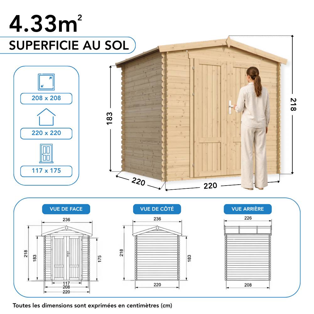 Timbela - Abri de jardin en bois sans plancher - 4.33 m² / 226x236xH218 cm - 19 mm d’épaisseur - Timbela M369F1 - Image 8