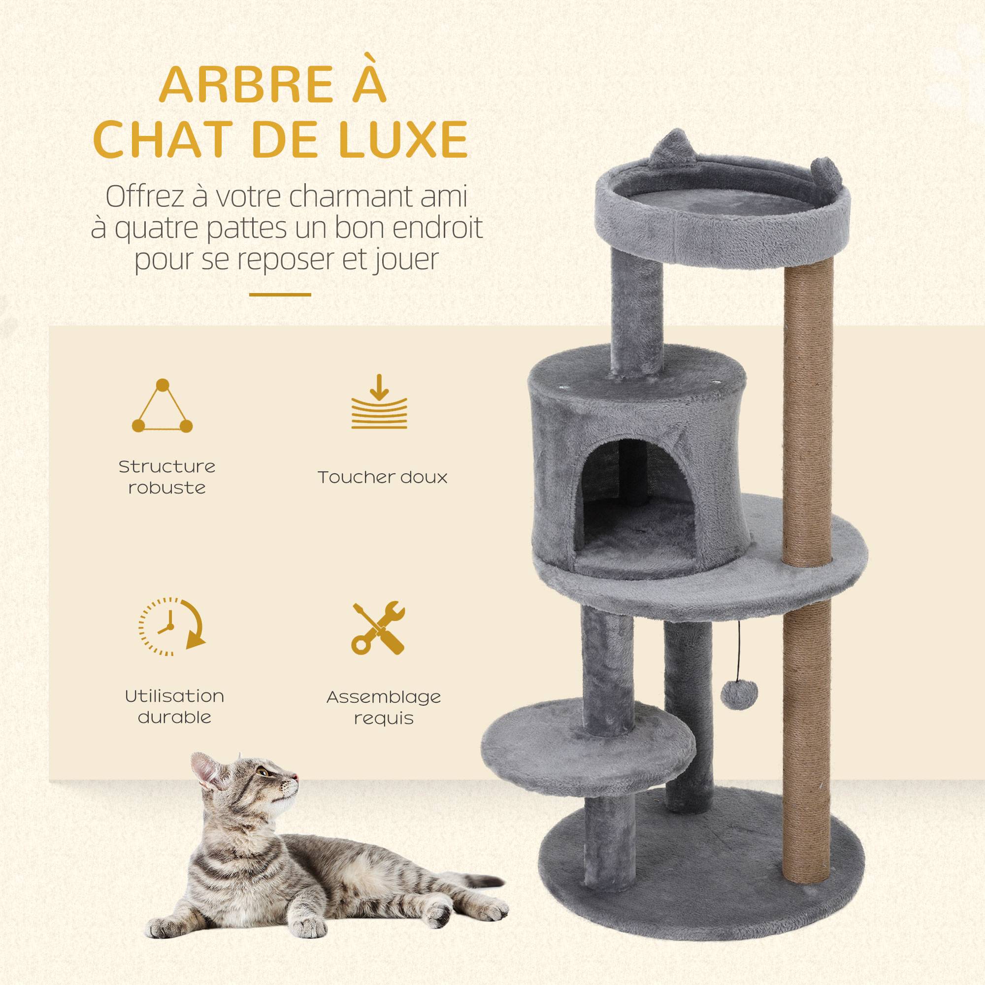 Arbre à chats multi-équipements griffoirs grattoirs plateformes niche jeu boule suspendue Ø 48 x 104H cm gris - Image 6