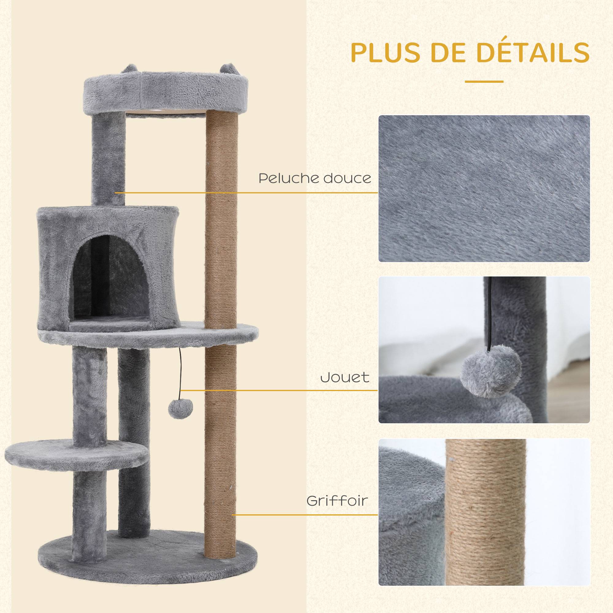 Arbre à chats multi-équipements griffoirs grattoirs plateformes niche jeu boule suspendue Ø 48 x 104H cm gris - Image 8