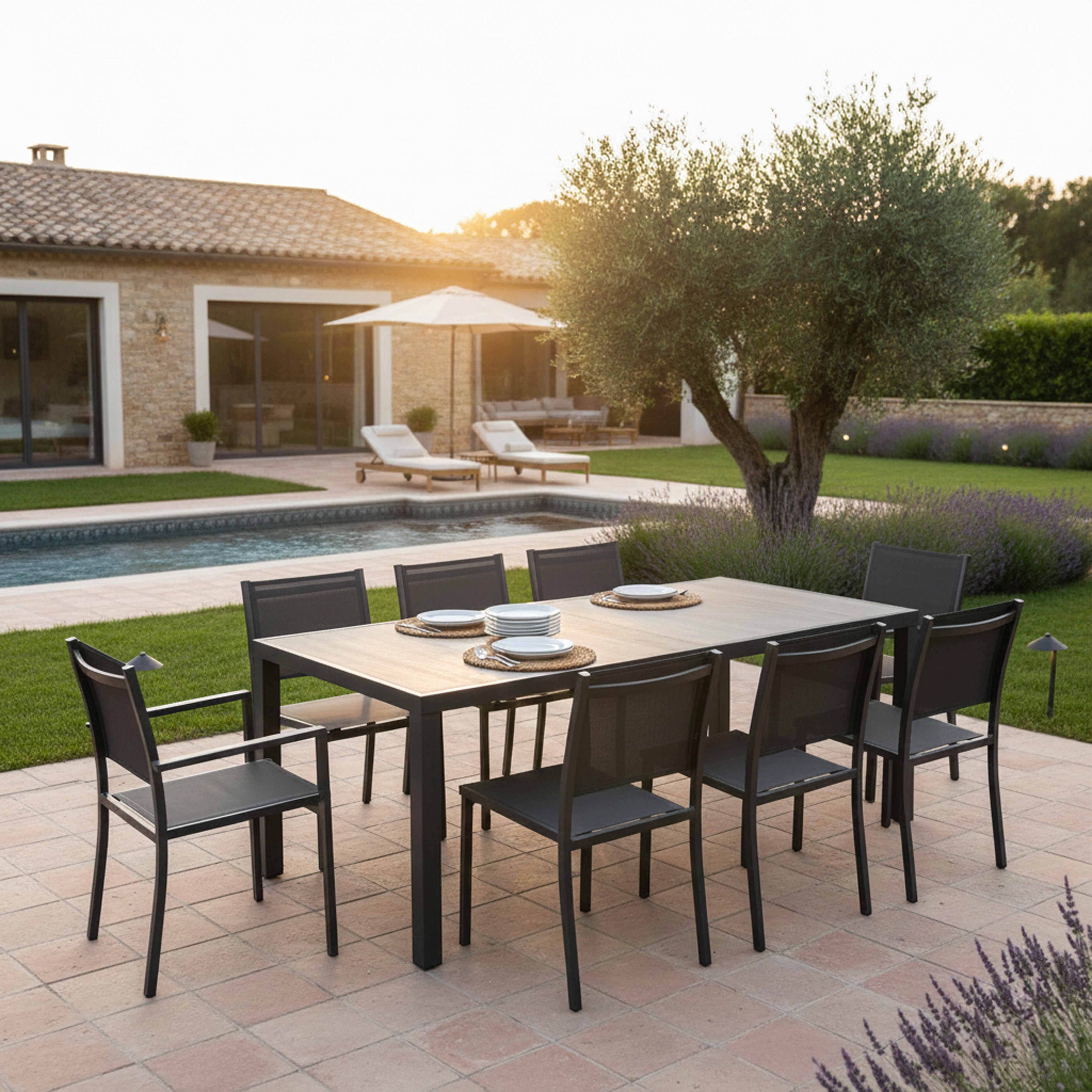 Oviala - Ensemble table de jardin et 8 fauteuils effet bois grisé Tivoli - Oviala - Imagen 2
