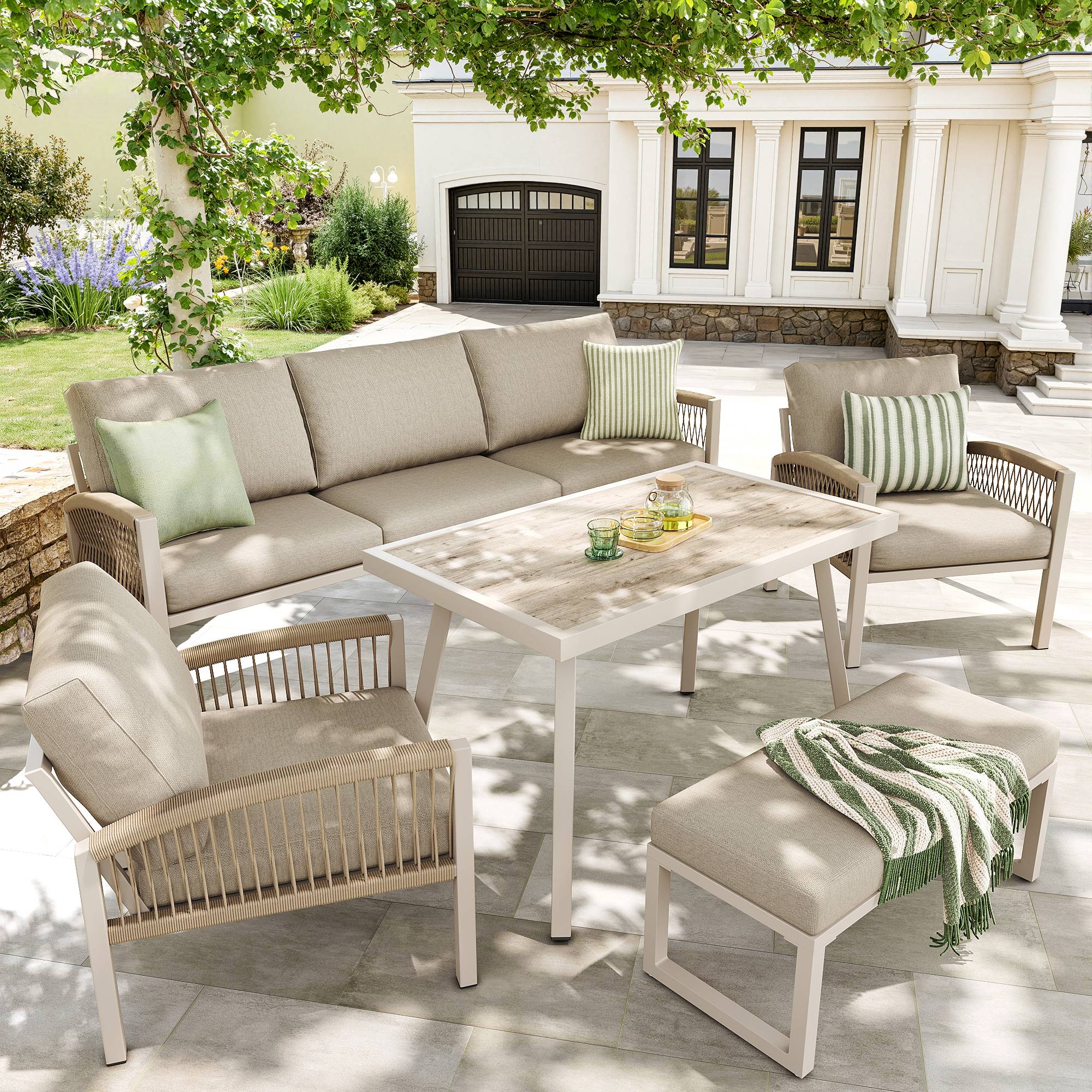 Set de jardin 7 places avec canapé, 2 fauteuils, table en verre et accoudoirs en rattan - PANGIVO - Image 3