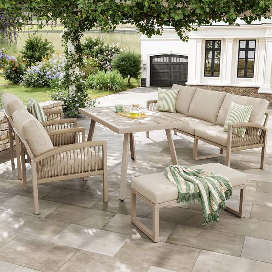 Set de jardin 7 places avec canapé, 2 fauteuils, table en verre et accoudoirs en rattan - PANGIVO - Image 1