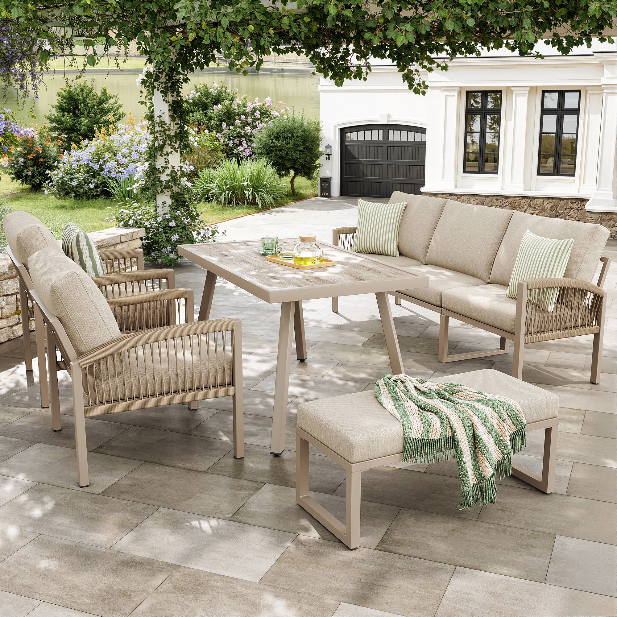 Set de jardin 7 places avec canapé, 2 fauteuils, table en verre et accoudoirs en rattan - PANGIVO - Image 1