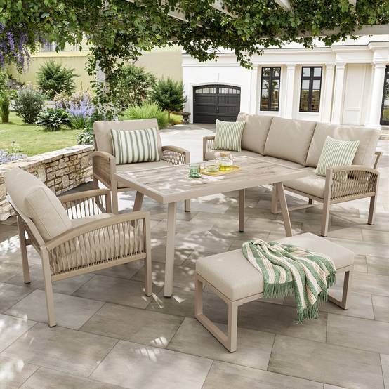 Set de jardin 7 places avec canapé, 2 fauteuils, table en verre et accoudoirs en rattan - PANGIVO - Image 2