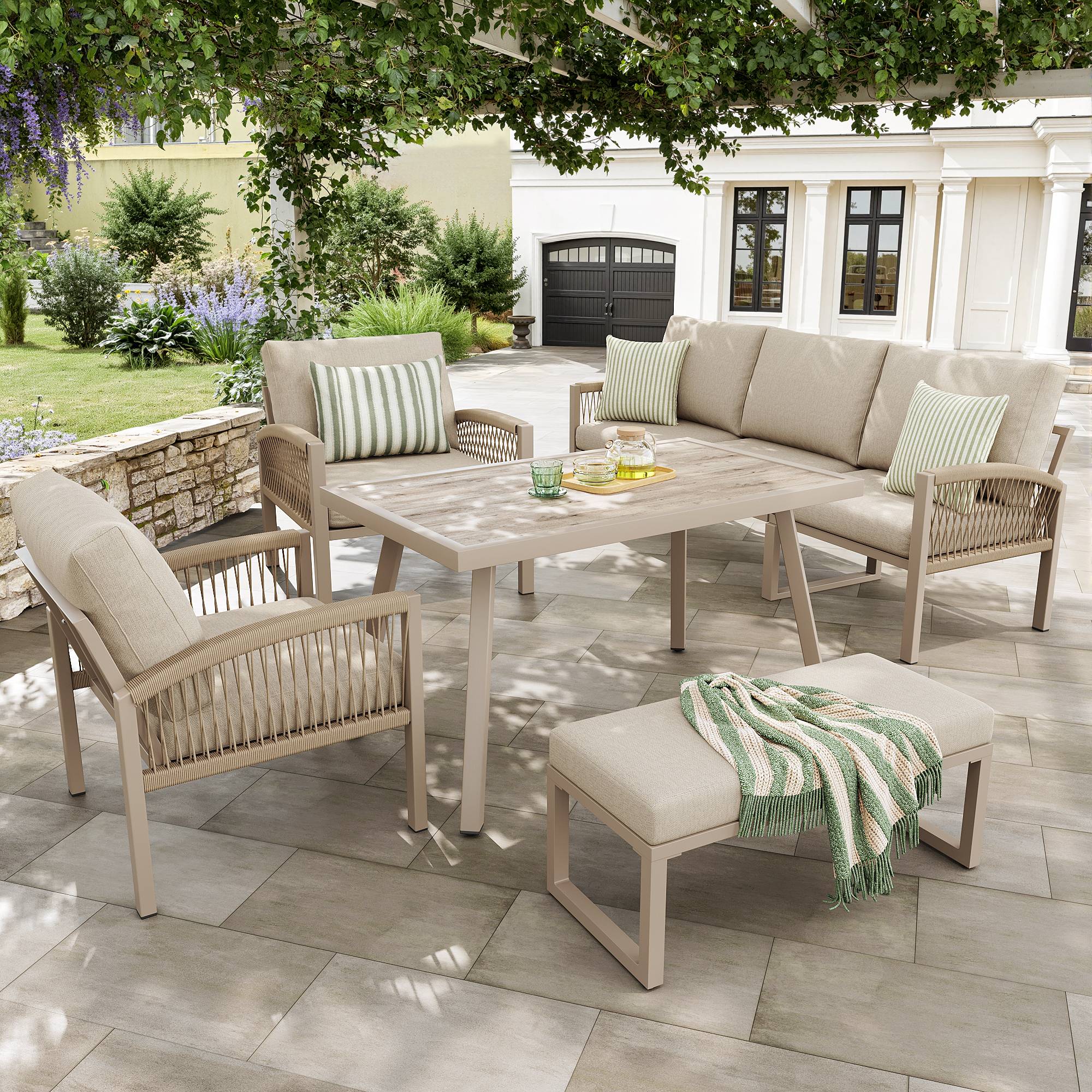 Set de jardin 7 places avec canapé, 2 fauteuils, table en verre et accoudoirs en rattan - PANGIVO - Image 2