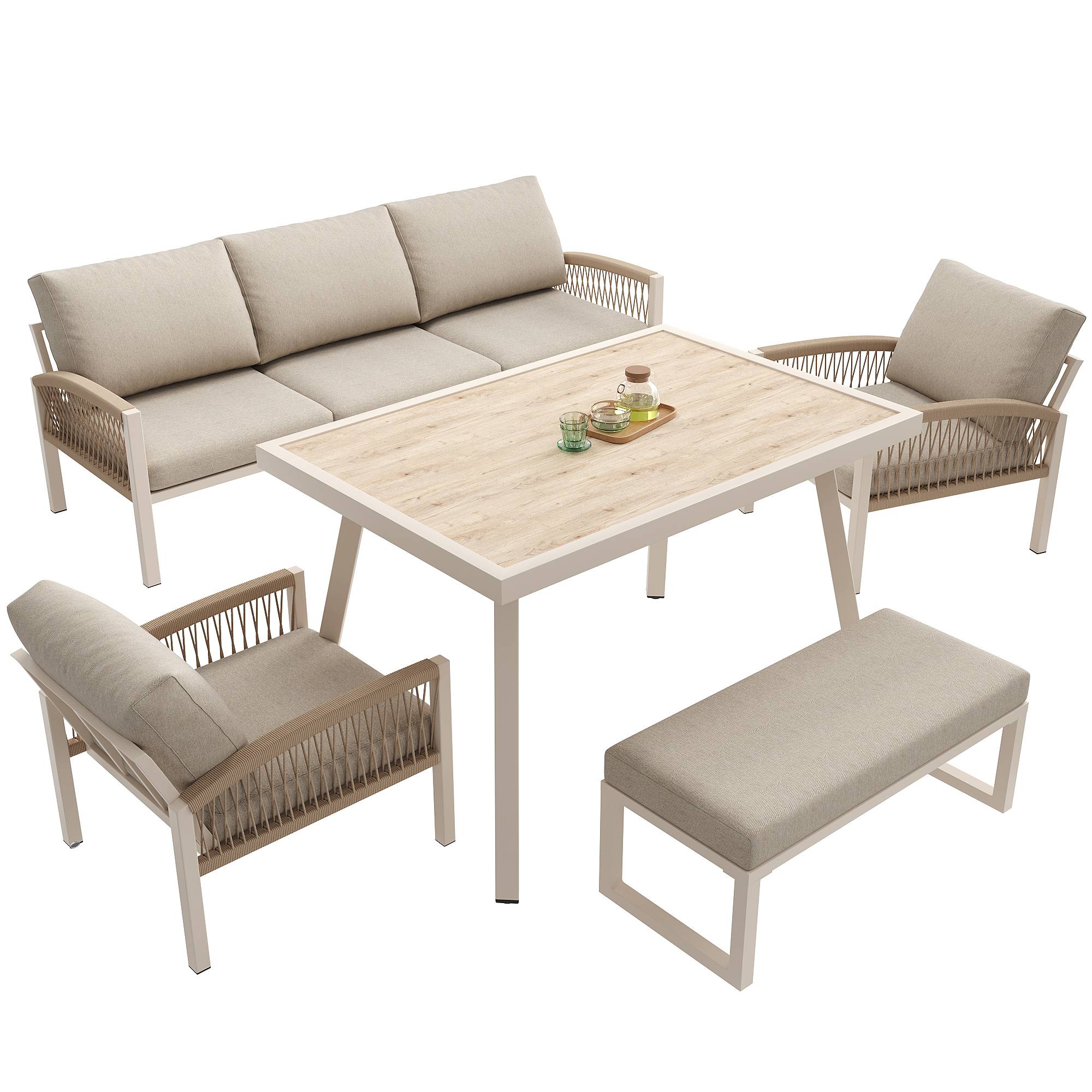 Set de jardin 7 places avec canapé, 2 fauteuils, table en verre et accoudoirs en rattan - PANGIVO - Image 10
