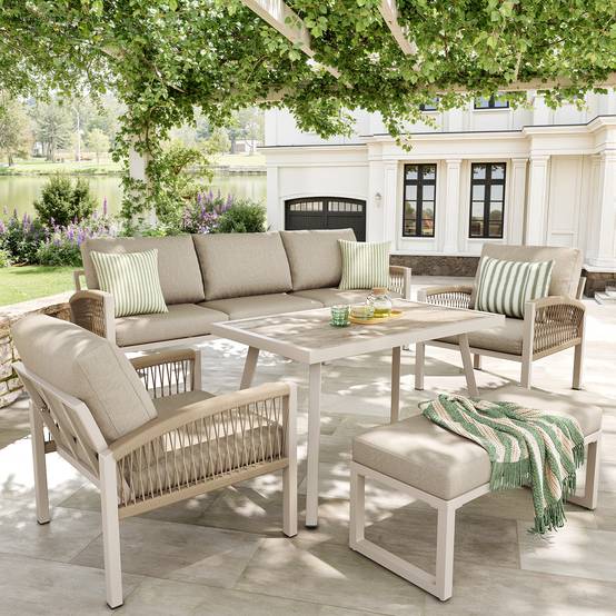 Set de jardin 7 places avec canapé, 2 fauteuils, table en verre et accoudoirs en rattan - PANGIVO - Image 5