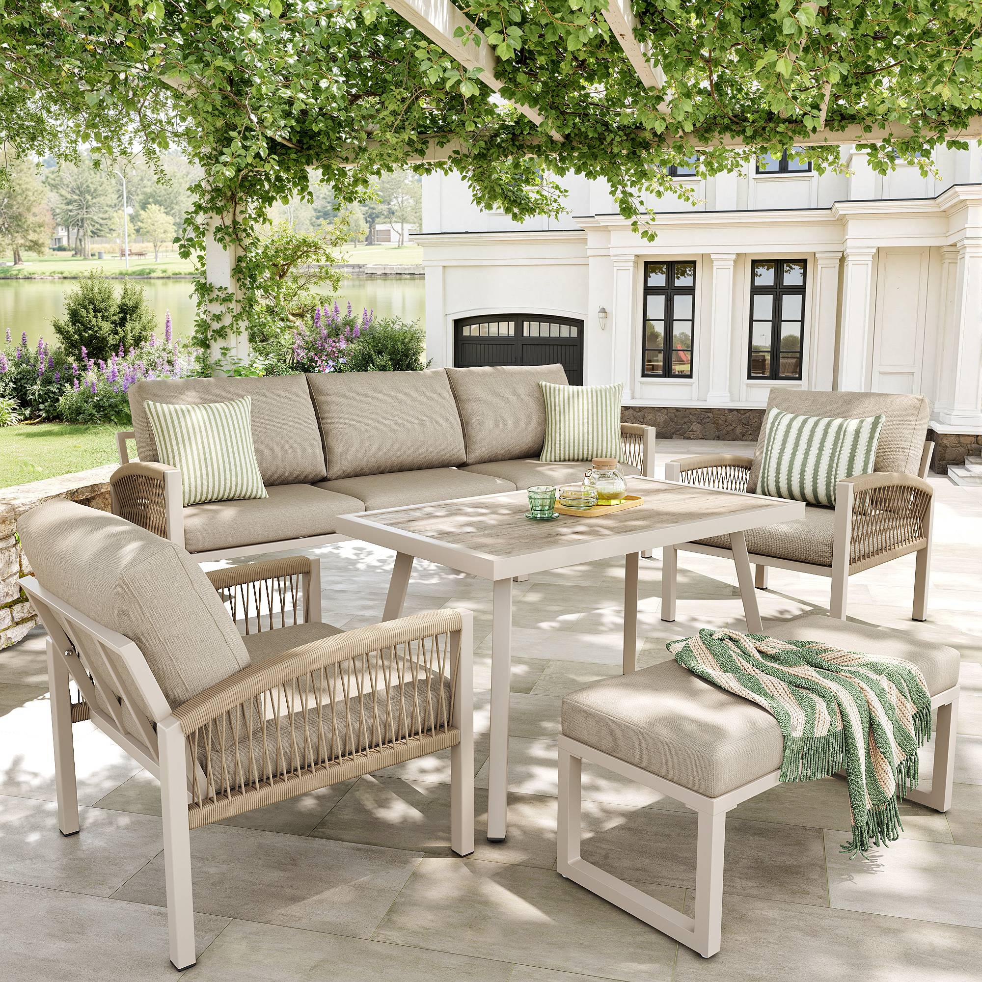 Set de jardin 7 places avec canapé, 2 fauteuils, table en verre et accoudoirs en rattan - PANGIVO - Image 5