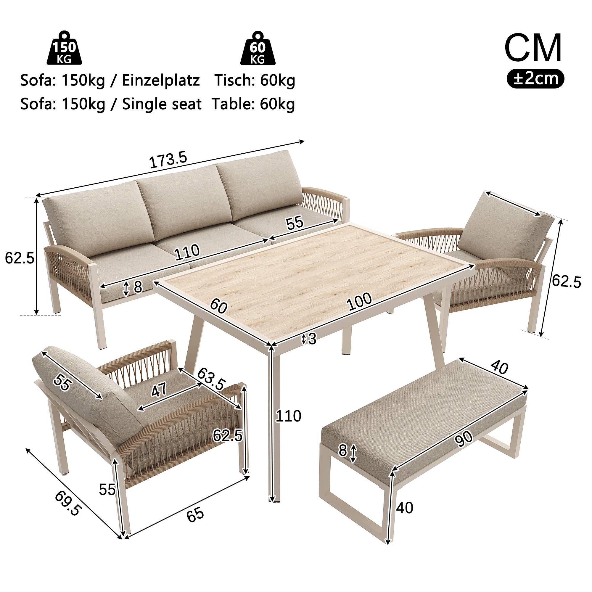Set de jardin 7 places avec canapé, 2 fauteuils, table en verre et accoudoirs en rattan - PANGIVO - Image 8