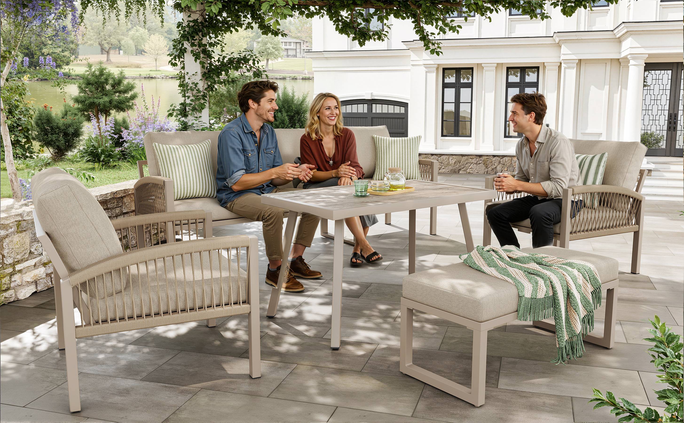 Set de jardin 7 places avec canapé, 2 fauteuils, table en verre et accoudoirs en rattan - PANGIVO - Image 6