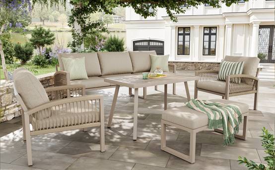 Set de jardin 7 places avec canapé, 2 fauteuils, table en verre et accoudoirs en rattan - PANGIVO - Image 7