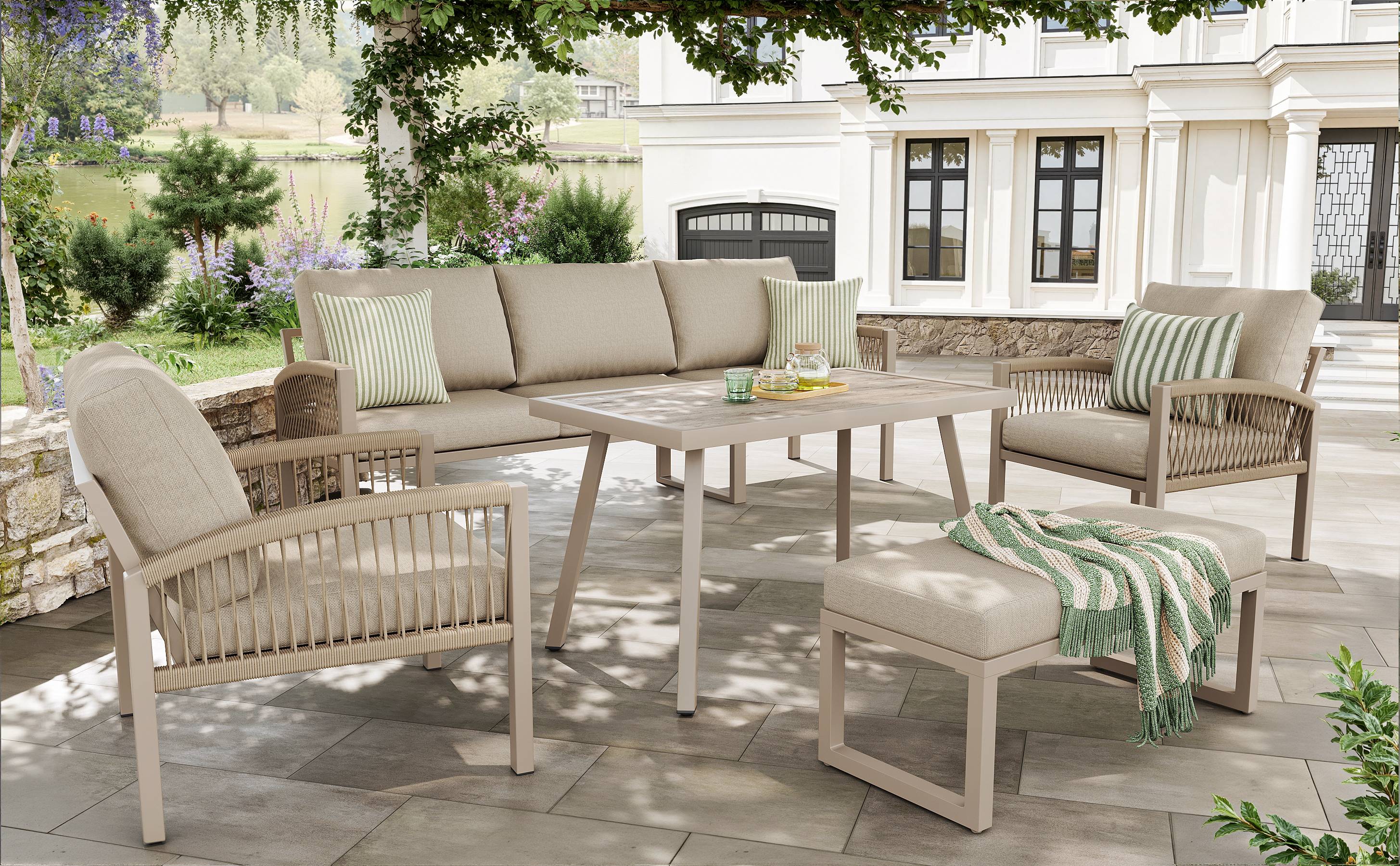 Set de jardin 7 places avec canapé, 2 fauteuils, table en verre et accoudoirs en rattan - PANGIVO - Image 7