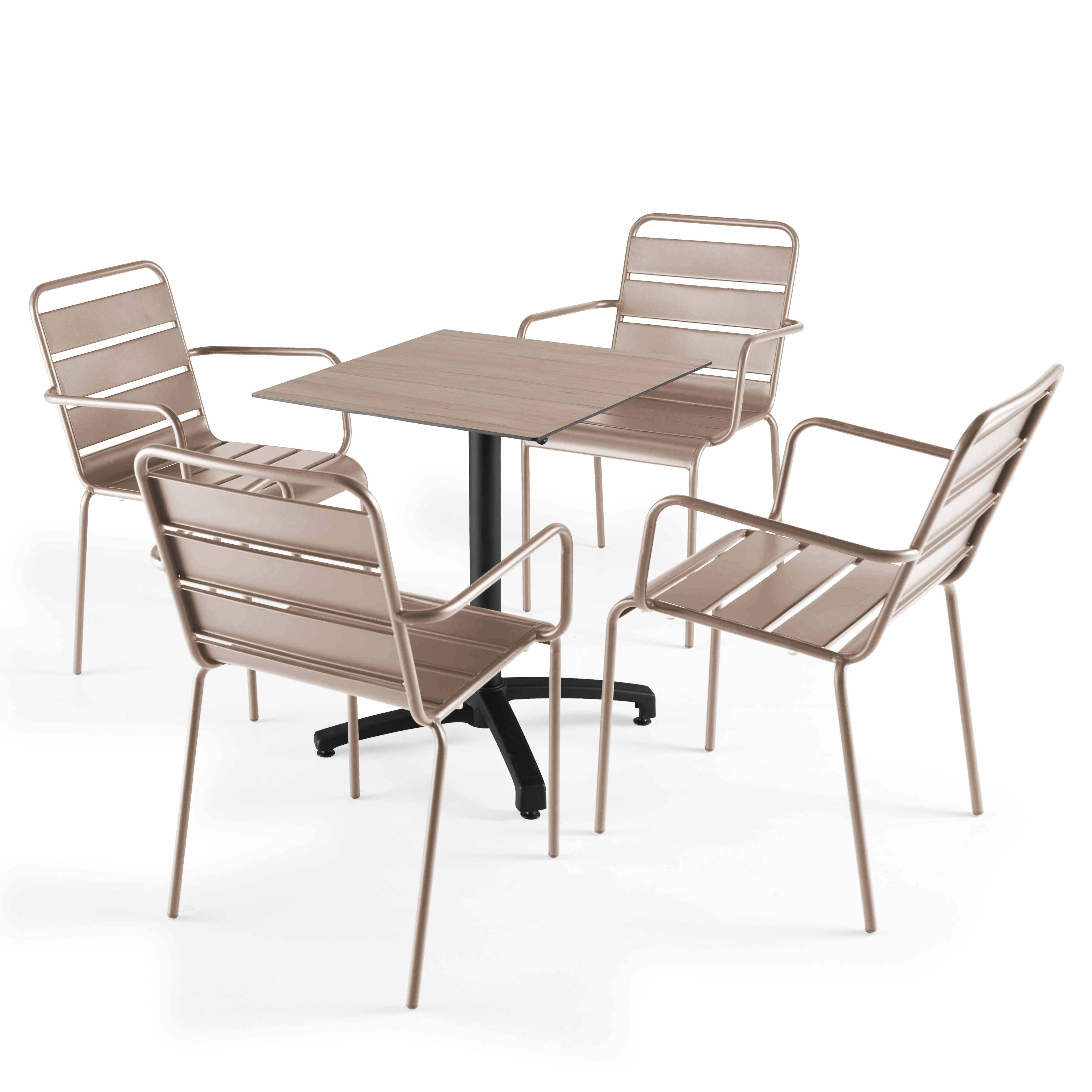Oviala - Ensemble table 60 cm chêne clair et 4 fauteuils en métal taupe - Oviala - Imagen 1