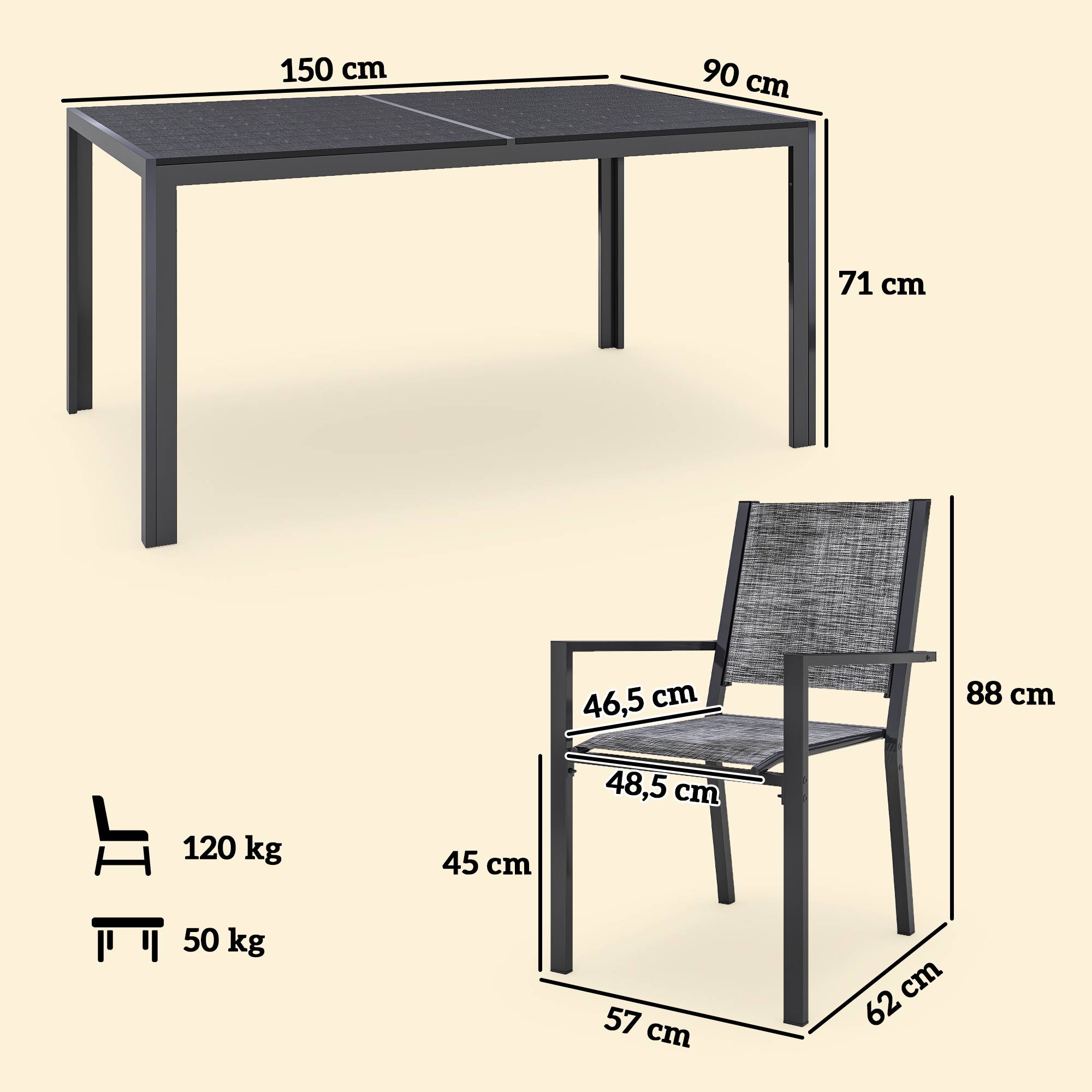 Table de jardin extérieure avec 6 chaises empilables, plateau à lattes 150 cm, structure en acier anti-rouille, noir - Image 5
