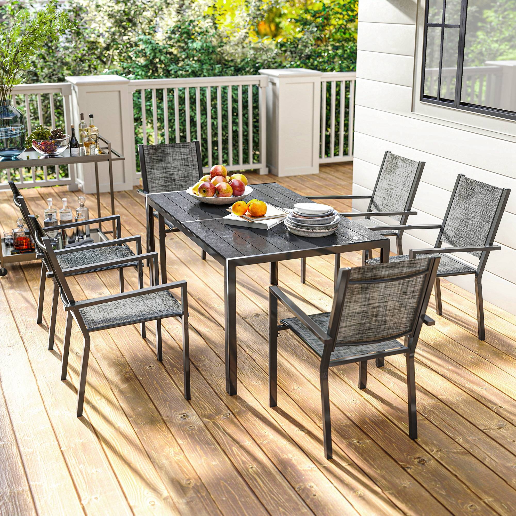 Table de jardin extérieure avec 6 chaises empilables, plateau à lattes 150 cm, structure en acier anti-rouille, noir - Image 10