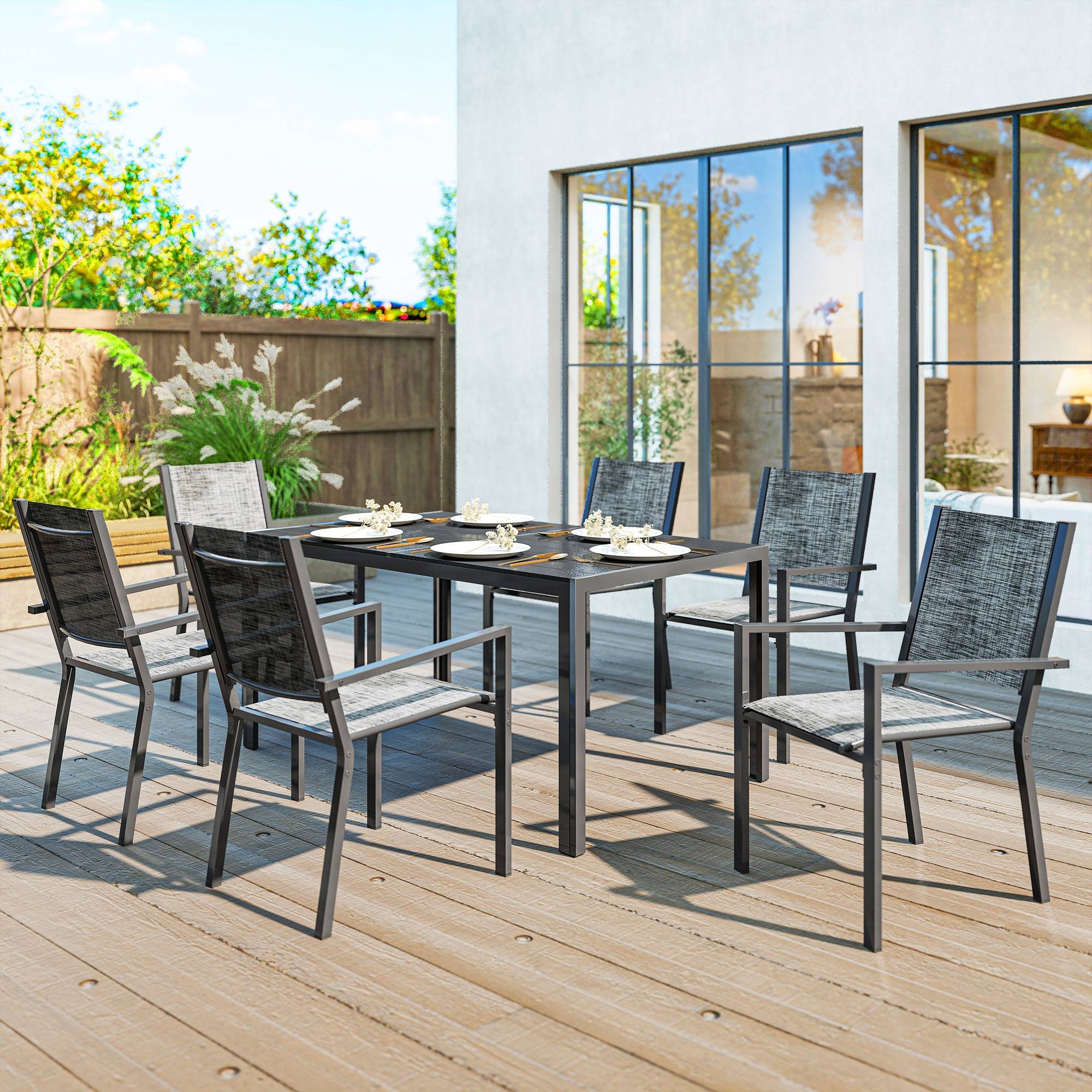 Table de jardin extérieure avec 6 chaises empilables, plateau à lattes 150 cm, structure en acier anti-rouille, noir - Image 3