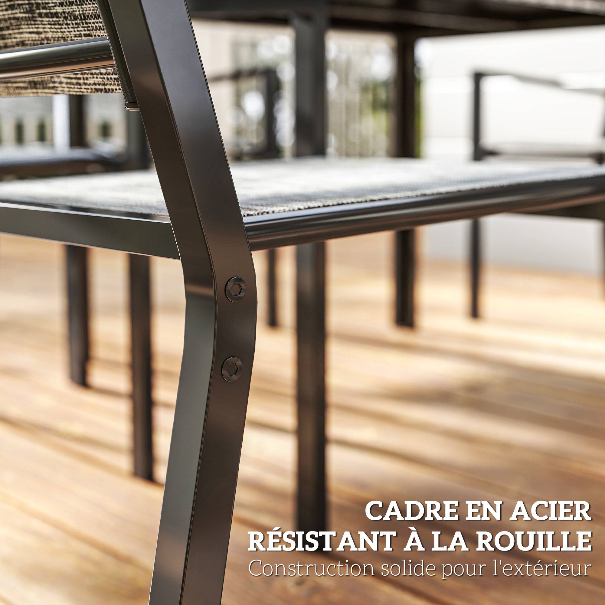 Table de jardin extérieure avec 6 chaises empilables, plateau à lattes 150 cm, structure en acier anti-rouille, noir - Image 8