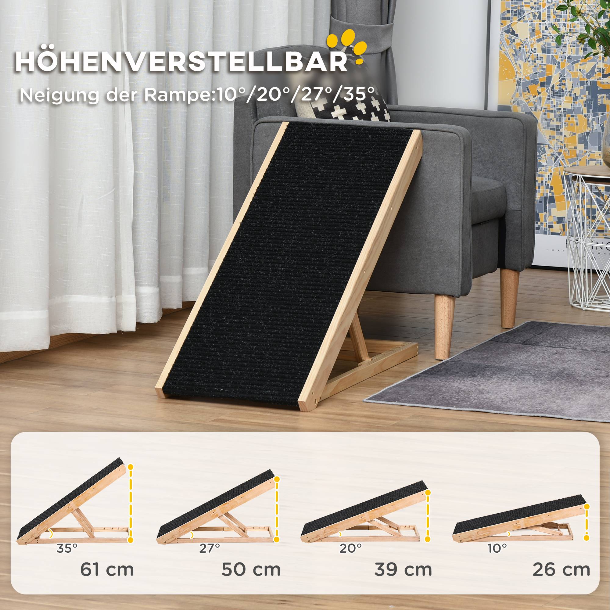 Rampe chien lit/canapé pliable, 4 hauteurs réglables 26-61cm, antidérapante, 90cm, chien <40kg - Image 8