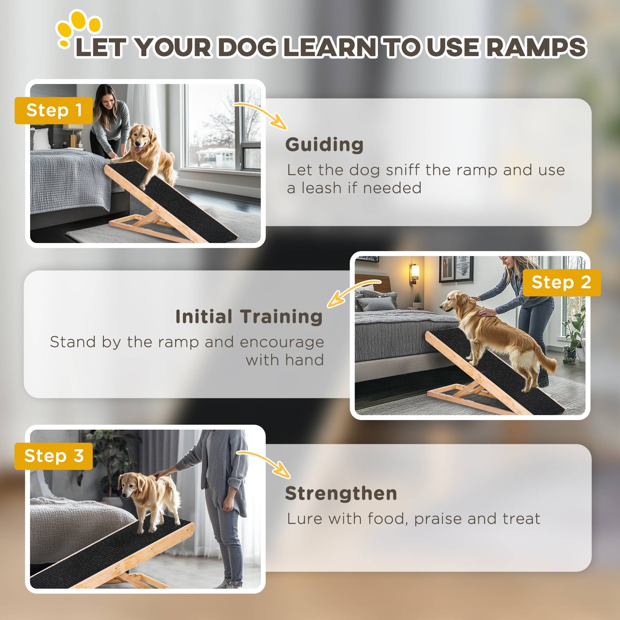 Rampe chien lit/canapé pliable, 4 hauteurs réglables 26-61cm, antidérapante, 90cm, chien <40kg - Image 10