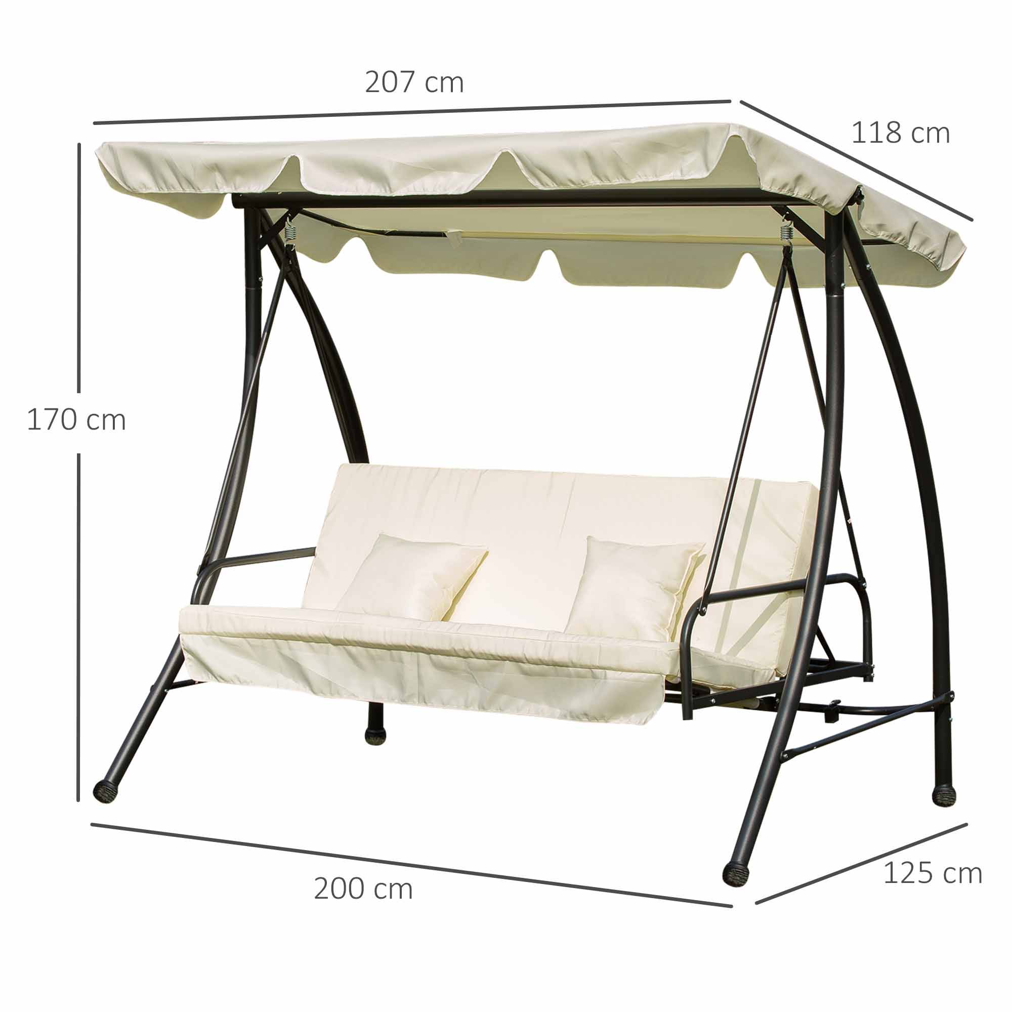 Outsunny - Balancelle de jardin convertible 3 places grand confort inclinaison toit réglable matelas et coussins fournis métal polyester noir et crème - Outsunny - Imagen 3